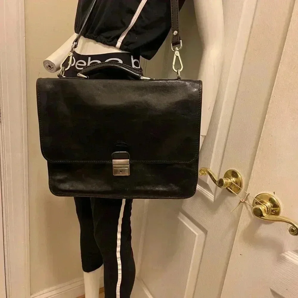 Vintage Hebella black Italian Leather gold Clasp Front Across Body laptop bag